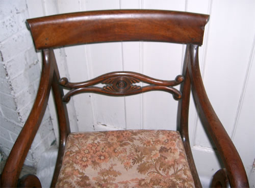 For Sale - A very good Regency mahogany carver chair with nice cross rail scroll arms drop in seat and sabre front legs