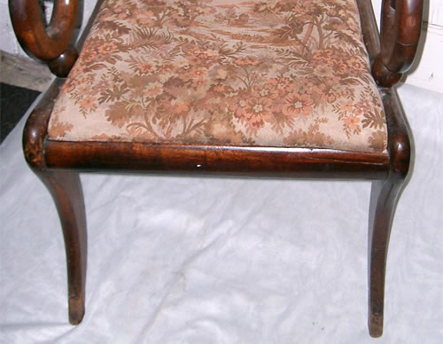 For Sale - A very good Regency mahogany carver chair with nice cross rail scroll arms drop in seat and sabre front legs