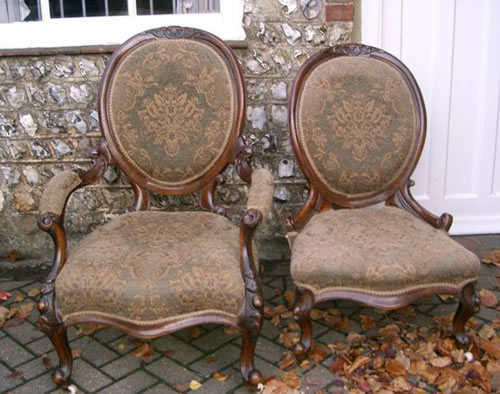 SOLD - A very nice pair of matching ladies and gentlemans walnut spoonback chairs